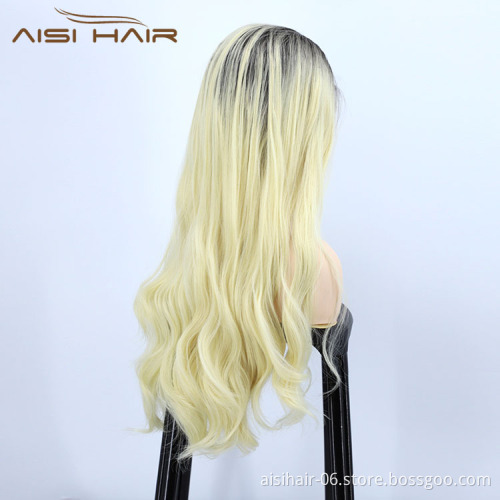 Aisi Hair Cheap Vendor Popular Long Wavy Curly Body Wave Ombre Blonde Lace Frontal Synthetic Hair For Black Women Lace Front Wig
